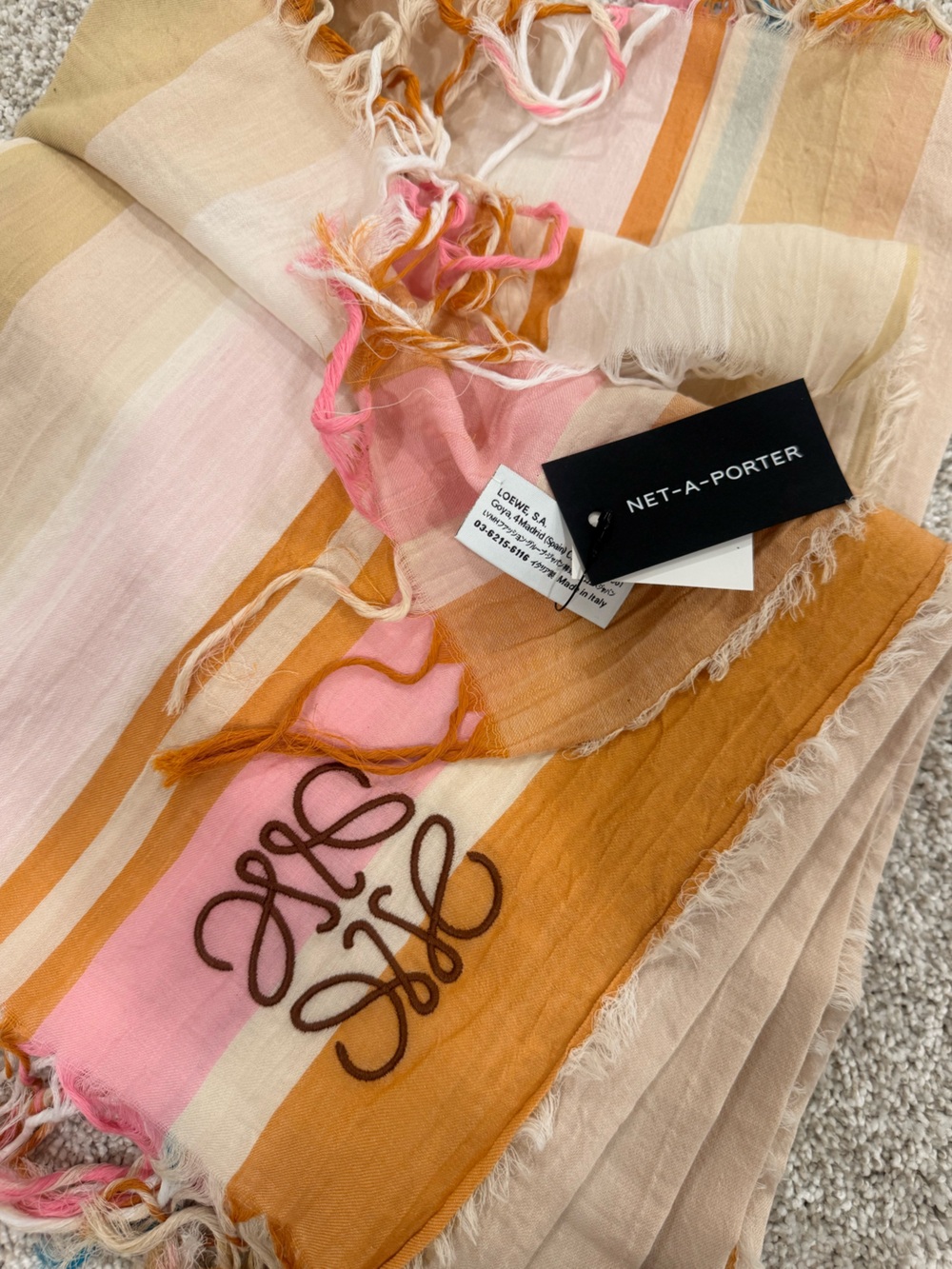 Loewe Pink, Mustard, Turquoise & Cream Striped Logo Scarf